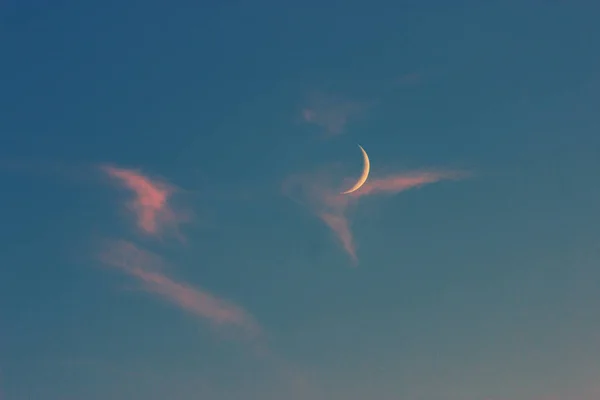 Lune Sur Ciel Bleu Avec Des Nuages Roses — Photo