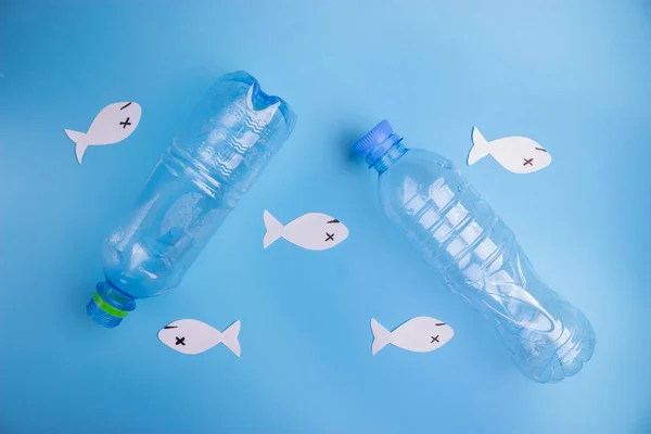 Ocean Pollution Concept Image Plastic Bottle Paper Fish — Stock Photo, Image