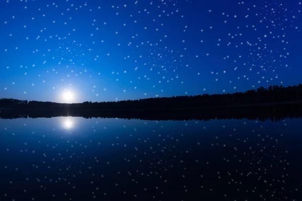 Panoramic Picture Starry Night Sky Lake — Stock Photo, Image