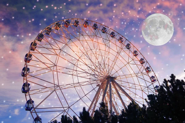 Vintage Photo Ferris Wheel Moon Colorful Sky — Stock Photo, Image