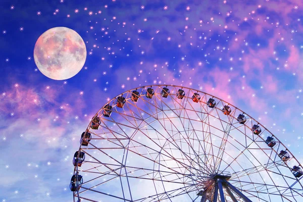 Vintage Photo Ferris Wheel Moon Colorful Sky — Stock Photo, Image