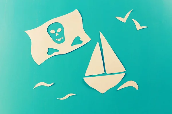 Představa Pirátské Lodi Papír Střih Modrém Pozadí — Stock fotografie