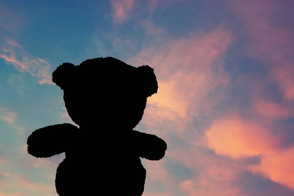 Teddybär Beobachtet Allein Den Sonnenuntergang Silhouette Gegen Den Himmel — Stockfoto