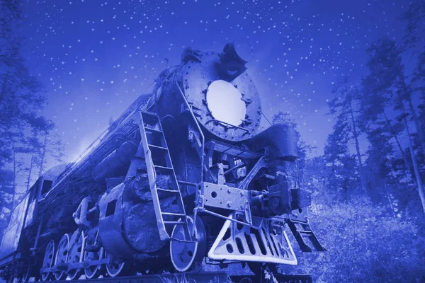 Locomotiva Velha Retro Noite Comboio Vintage — Fotografia de Stock