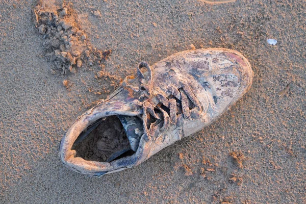 Régi cipős a strandon — Stock Fotó