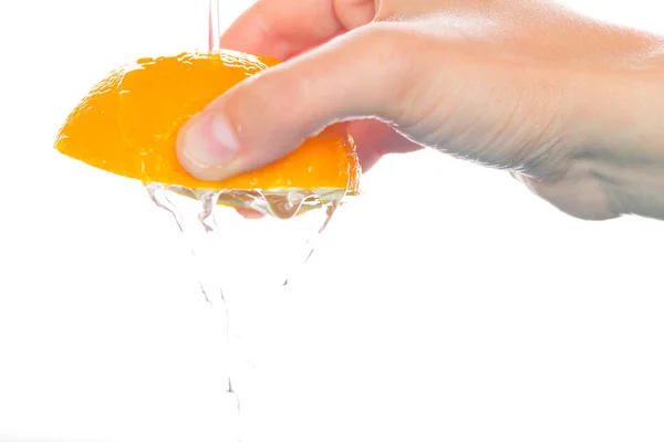 Hand Squeeze Orange Slice — Stock Photo, Image