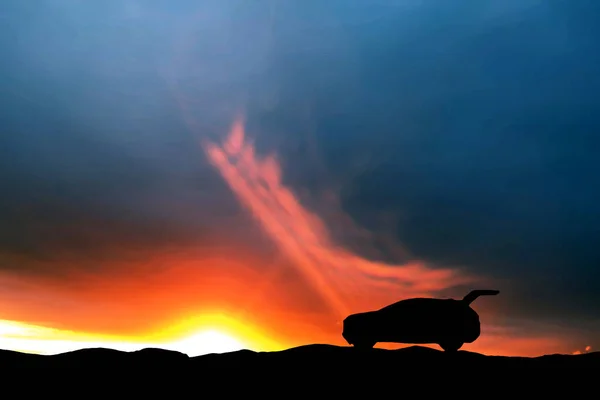Car Silhouette Open Trunk Sunrise Background — Stock Photo, Image