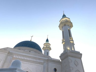 Mavi çatılı beyaz cami. Kapat.