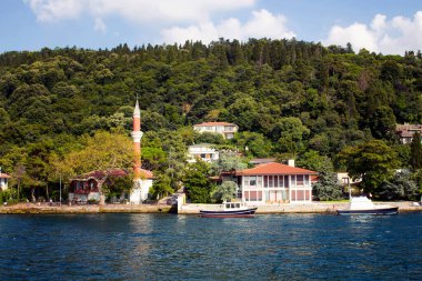 İstanbul 'un Asya yakasındaki evler, balıkçı tekneleri ve Boğaz' daki küçük eski cami manzarası. Güneşli bir yaz günü..