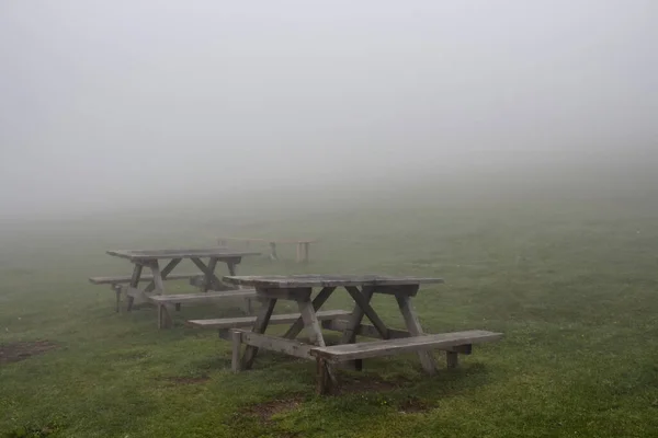 木制长椅 雾气弥漫的草地 这张照片是在位于土耳其黑海地区的特拉布宗的西斯山上拍摄的 — 图库照片