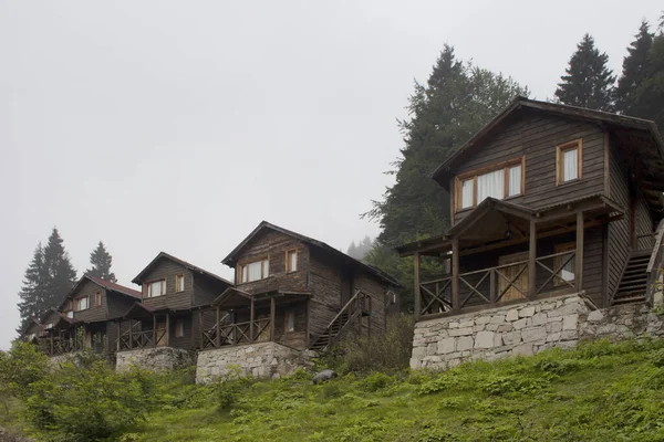 Vista Casas Madera Meseta Alta Árboles Niebla Creando Hermosa Escena — Foto de Stock