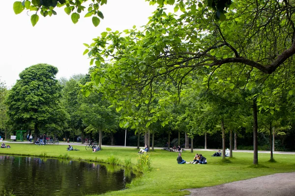 Amsterdam 'daki Vondelpark' ta çim tarlalarında, ağaçlarda, gölette takılan insanların görüntüsü. 47 hektarlık bir halk parkı. Bu bir yaz günü..