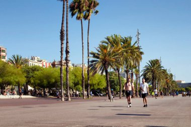 Barcelona 'daki Marina Port Vell adlı marinanın yanındaki palmiye ağaçlarıyla kumsala yürüyen insanların görüntüsü. Güneşli bir yaz günü..