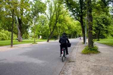 Amsterdam 'daki Vondelpark' ta bulanık hareketlerle bisiklet süren insan görüntüsü. 47 hektarlık bir halk parkı. Bu bir yaz günü..