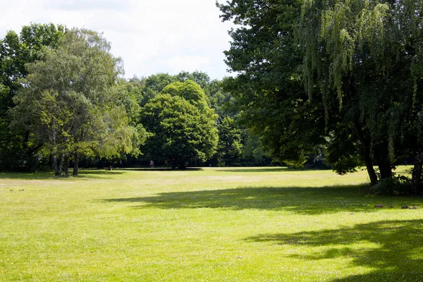 ベルリンのTigardenでの芝生のフィールドと木の眺め 家族向けアメニティ ウォーキングパス 勝利の列を含む最大かつ最古の公園 — ストック写真