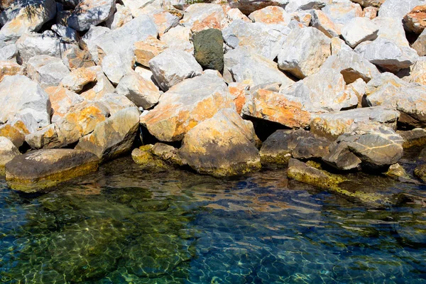 Close up view of rocks and crystal clear turquoise water in Bodrum city.