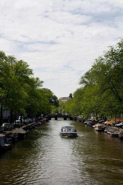 Blick Auf Ein Kreuzfahrtschiff Bäume Geparkte Autos Und Boote Amsterdam — Stockfoto