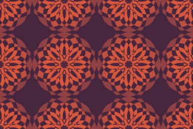 Soyut, kusursuz arkaplan deseni geometrik şekillerle oluşturulmuş çiçek soyutlaması. Turuncu ve mor renkli dekoratif vektör sanatı.