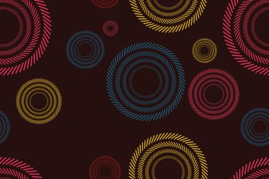 Kısa ve eğik çizgilerle yapılmış renkli dairelerin soyut ve pürüzsüz arkaplan deseni. Modern ve canlı vektör sanatı. Koyu kırmızı üzerine pembe, sarı ve mavi renkler.