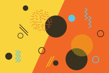 Memphis stilinde koyu ve parlak renklerde geometrik şekillerle yapılan soyut arkaplan deseni. Eğlenceli, eğlenceli ve modern vektör sanatı.