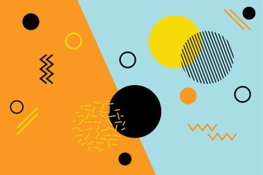 Memphis tarzında geometrik şekillerle yapılmış soyut arkaplan deseni. Modern, oyuncu vektör sanatı. Sarı ve siyah renkler mavi / turuncu arkaplanda.