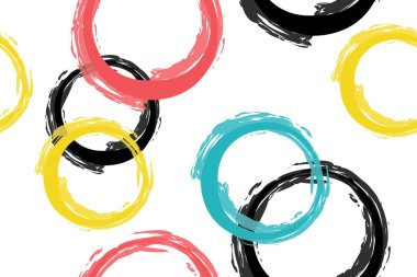 Kusursuz soyut arkaplan deseni fırça darbeleriyle yapılmış sarı, mavi, siyah ve kırmızı renklerde daireler oluşturuyor. Oyuncu, vektör sanatı.