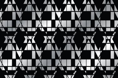 Siyah ve gümüş gri renklerde geometrik şekillerle yapılmış kusursuz, soyut bir arkaplan deseni. Cesur ve modern vektör sanatı.
