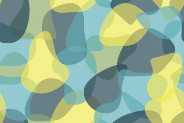 Kusursuz, organik, şeffaf geometrik şekiller sarı, mavi renklerden oluşan soyut bir arka plan deseni. Modern, eğlenceli vektör sanatı.