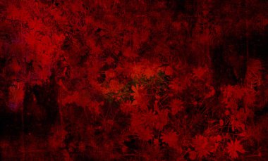 Fotoğraf kolajı tekniğiyle yapılmış çiçek desenli dijital arkaplan sanatı. Kırmızı baskın bir şekilde kullanılır..