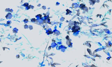 Fotoğraf kolajı tekniğiyle yapılmış çiçek desenli dijital sanat. Mavi çoğunlukla kullanılır..