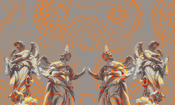 Heykeller ve heykellerle birlikte fotoğraf kolajı tekniğiyle yapılan dijital sanat. Turuncu noktalı daireler grafik tasarımında baskındır.