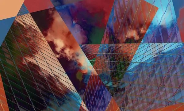 Fotoğraf kolajı tekniğiyle yapılmış dijital arkaplan sanatı. Bulutlar ve modern mimari üçgen ve trapezoid şekillerde kullanılır..