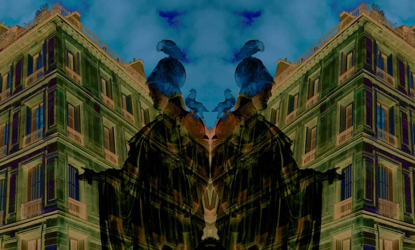 Digital art of historical French buildings and statues / sculptures made with photo collage technique. Blue and yellow colors are dominantly used to give vibrant feeling.