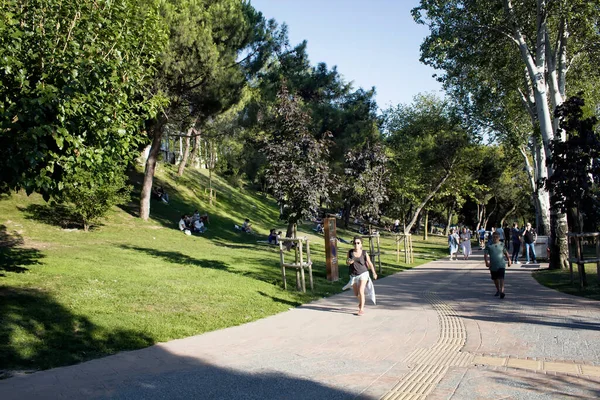 Güneşli bir yaz gününde Nisantasi / İstanbul 'daki parkta çimlerin üzerinde yürüyen insanların görüntüsü.