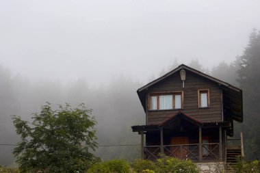 Yüksek yaylalardaki ahşap ev manzarası, sisli ağaçlar güzel doğa manzarası yaratıyor. Fotoğraf, Türkiye 'nin kuzeydoğusunda yer alan Karadeniz bölgesinin Trabzon / Rize bölgesinde çekildi..
