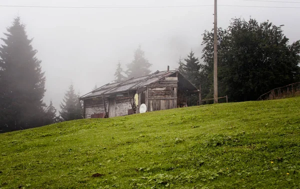 Vue Maison Haut Plateau Montagne Des Arbres Dans Brouillard Créant — Photo