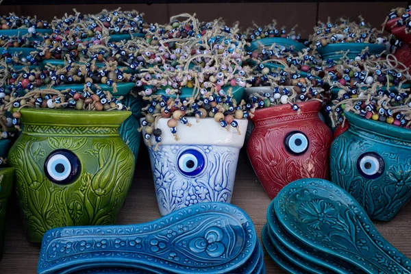 Vista Cerca Objetos Decorativos Ornamentales Hechos Con Malos Ojos — Foto de Stock