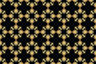 Kusursuz, soyut arkaplan deseni tekrarlanan kare şekillerle yapılmış optik / hipnotik etki yaratıyor. Altın rengi ve siyahın farklı tonlarında dekoratif ve geometrik vektör sanatı.