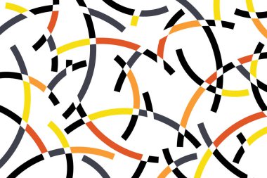 Gri, turuncu, sarı ve siyah renkli dairesel geometrik şekillerle yapılan soyut arkaplan deseni. Renkli, modaya uygun, oyuncu ve modern vektör sanatı.