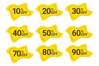 Satış / indirim etiketleri sarı ve siyah renklerde. Reklamlar, broşürler ve web siteleri için modern, modaya uygun, organik, eğri geometrik şekilli etiketler.