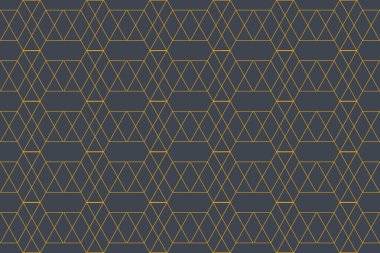 Kusursuz, ince çizgiler eşkenar dörtgen, altıgen ve paralel kenarlı şekilleri sarı ve mavi renklerle oluşturan soyut arkaplan deseni. Modern, dekoratif vektör sanatı.