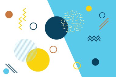 Soyut arkaplan deseni renkli, geometrik şekillerle yapılmış. Modern, oyuncu, memphis tarzı vektör sanatı sarı, mavi ve turuncu renklerde..