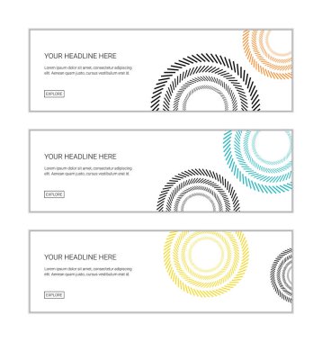 Web pankartı tasarım şablonu, soyut, renkli dairelerin kısa ve eğimli çizgilerden oluşan arka planlarından oluşur. Modern ve canlı vektör sanatı.