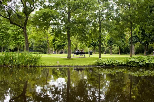 ベンチに座っているカップルの眺め 人々はアムステルダムのフォンデル公園でぶら下がっています 47ヘクタールの公共都市公園です 夏の日です — ストック写真