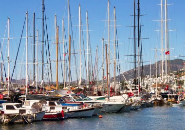 Bodrum marinasında park etmiş pek çok yatın (yelkenli) görüntüsü. Güneşli bir yaz günü..