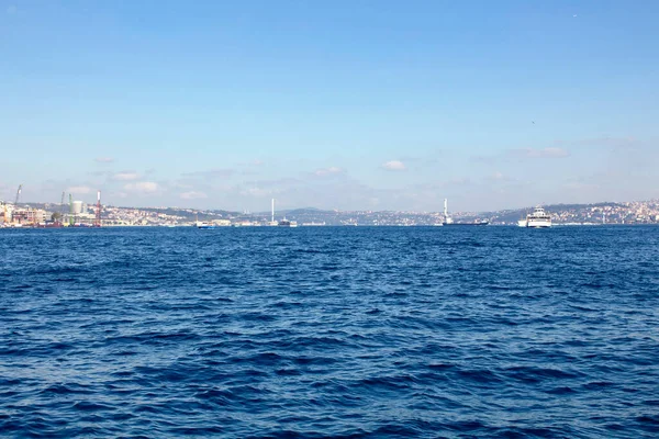 View Bosphorus Public Ferry Ships Boats Bridge Blue Sea View — Stock Photo, Image