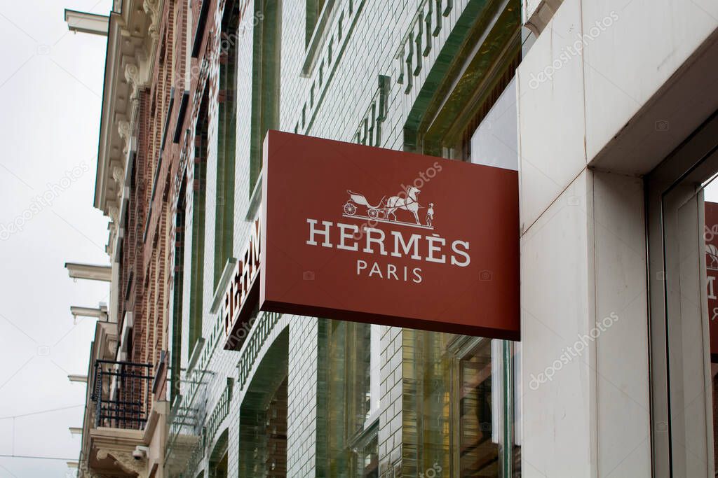 View of signage of French fashion goods manufacturer's store on on luxury shopping street named 