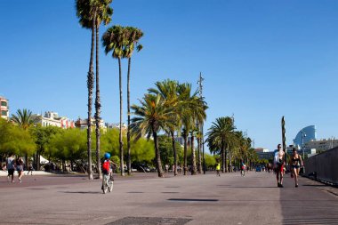 Barcelona 'daki Marina Port Vell adlı marinanın yanındaki palmiye ağaçlarıyla kumsala yürüyen insanların görüntüsü. Güneşli bir yaz günü..
