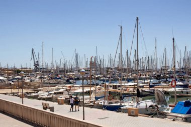 Güneşli yaz gününde Palma de Mallorca marinasında iki adam yürür. Batı Akdeniz 'de, İspanya' nın Mayorka adasının merkezi ve tatil beldesi..