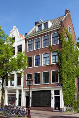 Park halindeki birçok bisiklet, sokak lambası ve Amsterdam 'da Hollanda mimari tarzını gösteren tipik, geleneksel bina manzarası. Güneşli bir yaz günü..